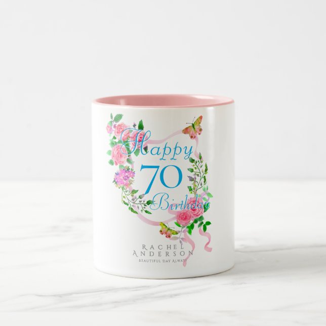 Rosa rosett 70-årsdag Två-Tonad mugg (Center)