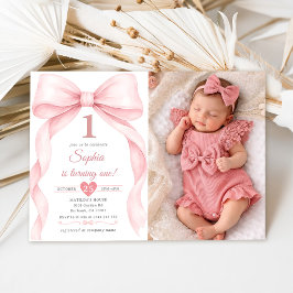 Rosa rosett Babyflicka Första födelsedagsfoto Inbjudningar