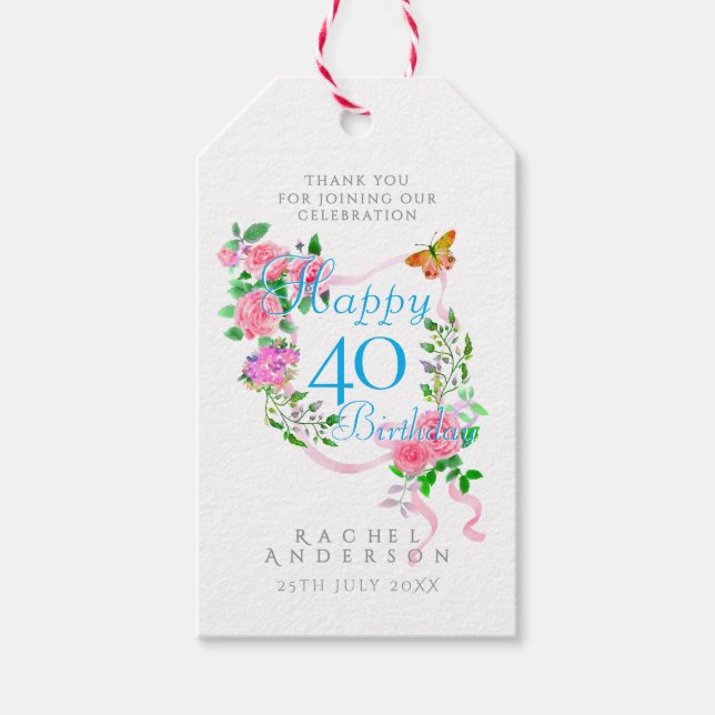 Rosa rosett band 40-årsdag presentetikett (Framsidan)