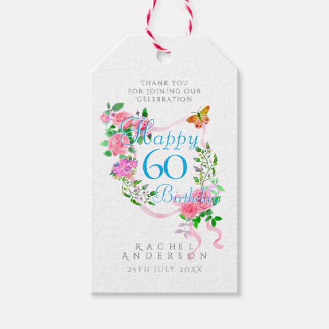 Rosa rosett band 60-årsdag presentetikett (Framsidan)