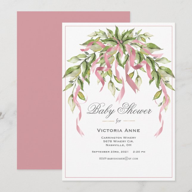 Rosa Rosett band Greenery Elegant Baby Shower Inva Inbjudningar (Fram/baksida)