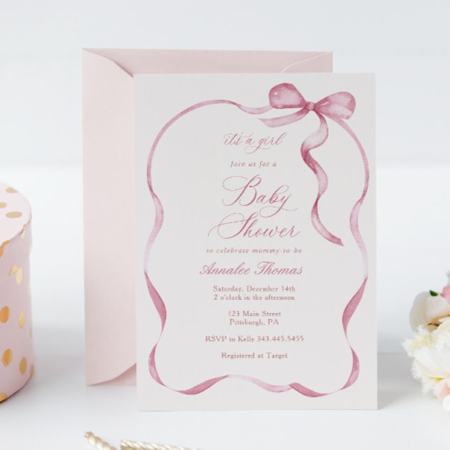 Rosa Rosett band och Bows Girl Baby Shower Inbjudningar (Skapare uppladdad)