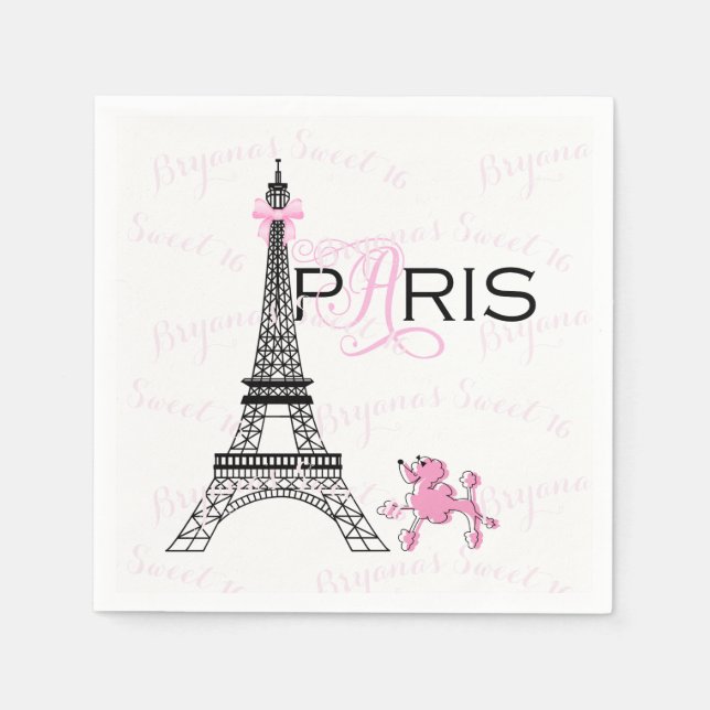 Rosa rosett Eiffeltornet Paris Frankrike Pudel Par Pappersservett (Framsidan)