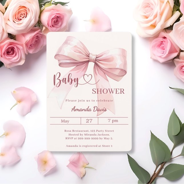 Rosa rosett flicka beige kräm Baby Shower Inbjudningar (Skapare uppladdad)