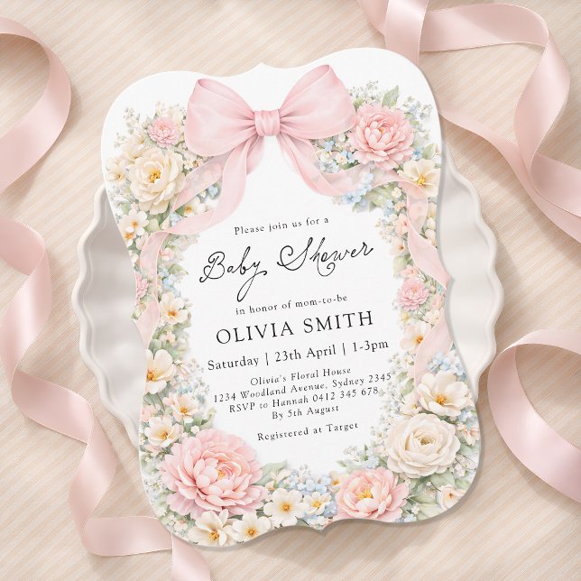 Rosa rosett Flicka med blommor Baby Shower Inbjudningar (Skapare uppladdad)