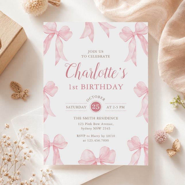 Rosa rosett flickas 1-årsdag inbjudningar (Skapare uppladdad)