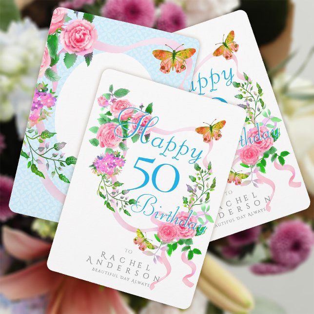 Rosa rosett födelsedagsband julkort (Chic Romantic Pink Rose Ribbon Happy Birthday Card.)