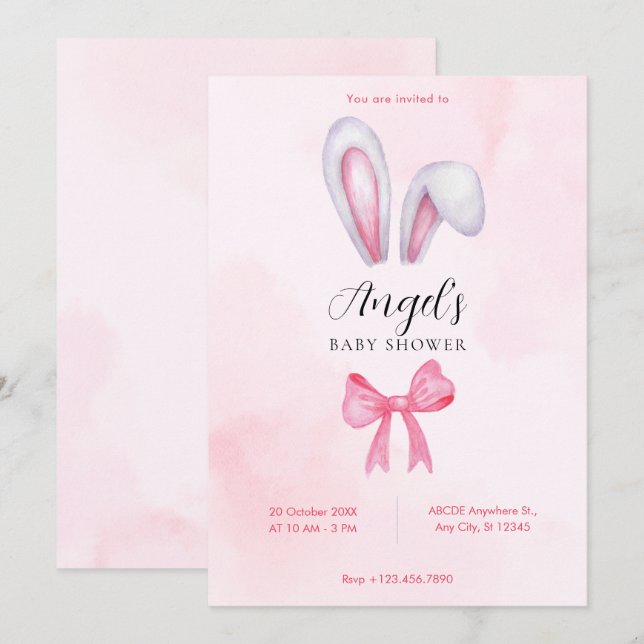 Rosa rosett kanin baby shower inbjudningar (Fram/baksida)