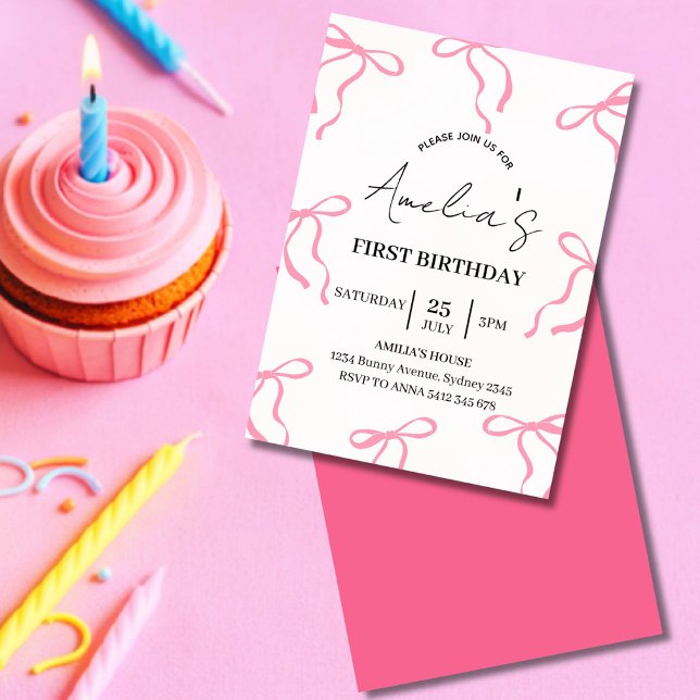 Rosa rosett Kokett  1-års inbjudan (Pink bow invitation for girls, perfect for first birthday or any age party)