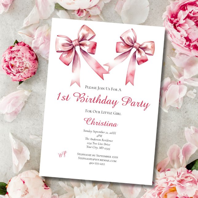 Rosa rosett Kokett flickig 1-års inbjudan (Pink Bow Coquette aesthetic baby girl 1st birthday party invitation. Digital or printed)