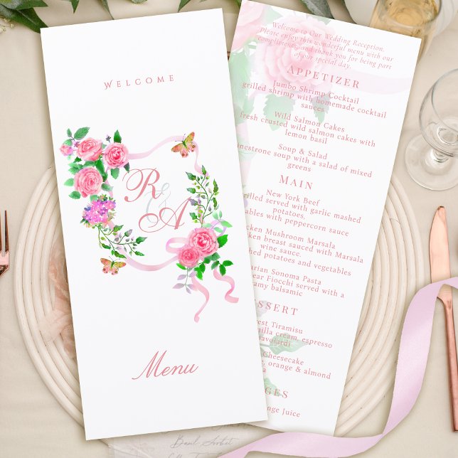 Rosa Rosett Monogram Bröllopsmeny Meny (Pink Rose Ribbon Monogram Wedding Menu)