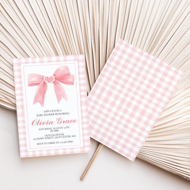 Rosa rosett och gingham snygg babyfest inbjudningar (Skapare uppladdad)
