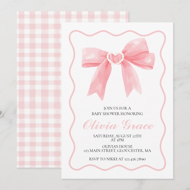 Rosa rosett och gingham snygg babyfest inbjudningar (Fram/baksida)