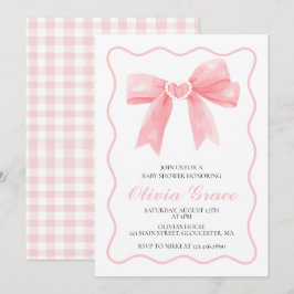 Rosa rosett och gingham snygg babyfest inbjudningar