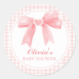 Rosa rosett och gingham snygg babyfest runt klistermärke