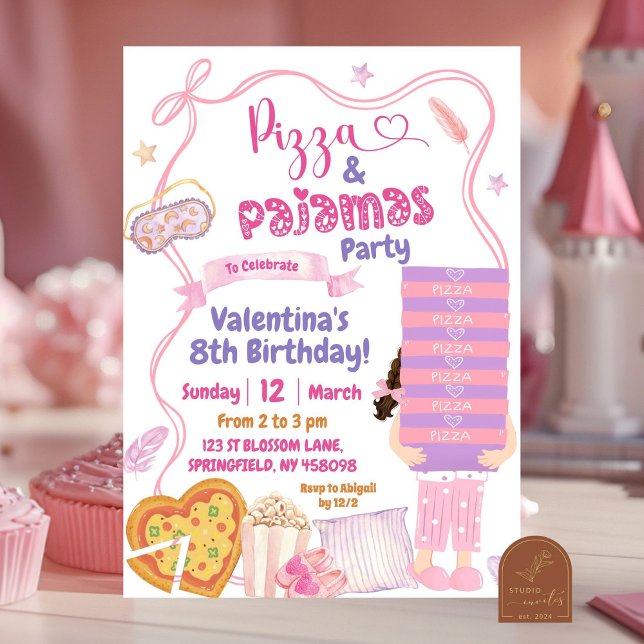 Rosa rosett pizza och pyjamas födelsedagsfest inbjudningar (Skapare uppladdad)