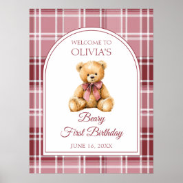 Rosa rosett Teddybjörn Födelsedags välkomstskylt Poster