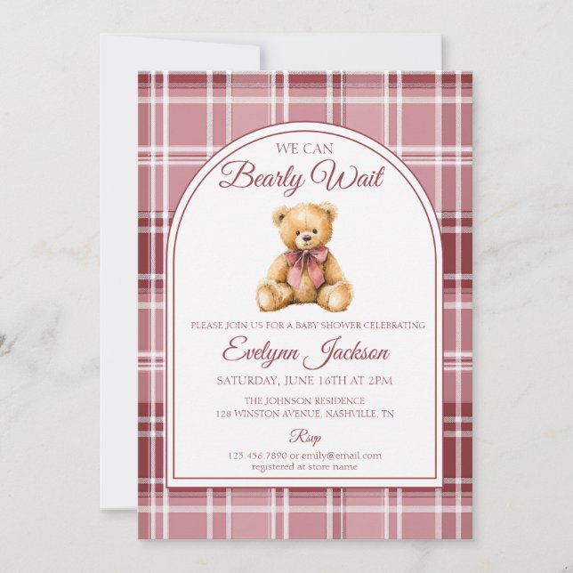 Rosa rosett Teddybjörn Tartan Flicka Bebis firande Inbjudningar (Framsida)