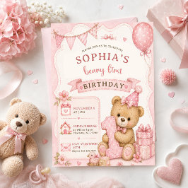 Rosa rosett Teddybjörn Tartan Födelsedag Inbjudningar