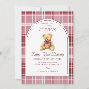 Rosa rosett Teddybjörn Tartan Födelsedag Inbjudningar