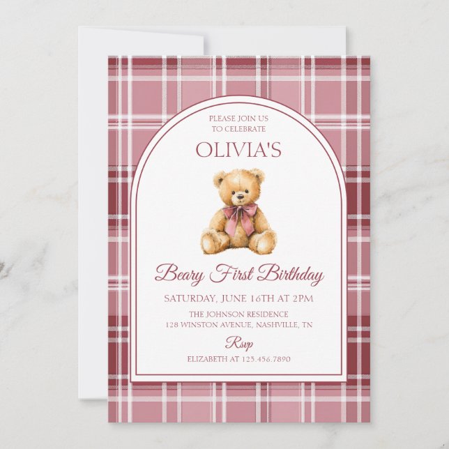 Rosa rosett Teddybjörn Tartan Födelsedag Inbjudningar (Framsida)
