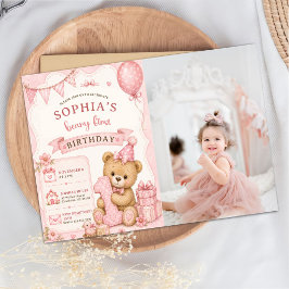 Rosa rosett Teddybjörn Tartan Födelsedagsfoto Inbjudningar