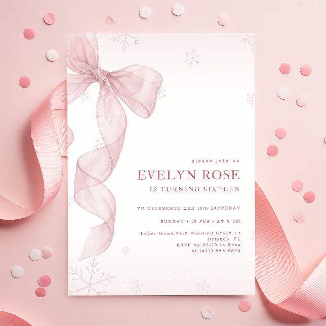 Rosa rosett Vinter Snöflinga 16-årsdag Inbjudningar (Skapare uppladdad)