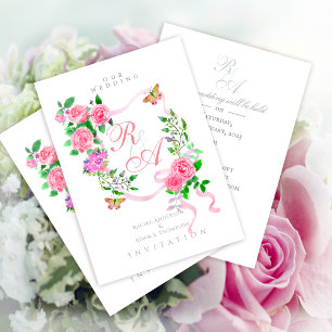 Rosa rosettmonogram bröllopsinbjudan inbjudningar
