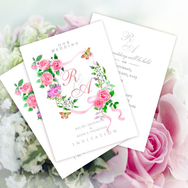 Rosa rosettmonogram bröllopsinbjudan inbjudningar (Elegant Pink Rose Ribbon Monogram Invitation Card.)