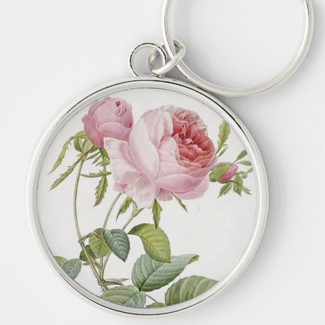 Rosa rosettnyckelring rund silverfärgad nyckelring (Framsidan)