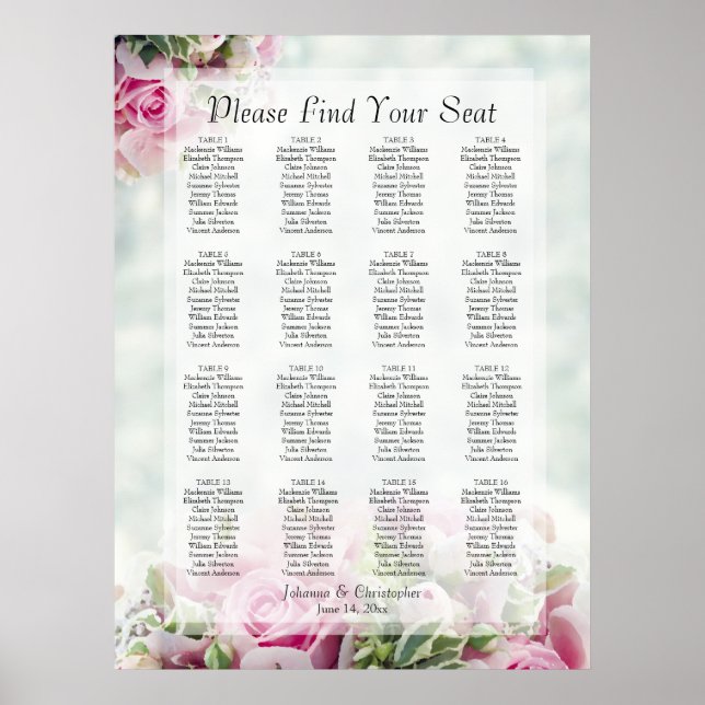 Rosa rosor 16 Bord Bröllop Placeringsplan Poster (Framsidan)