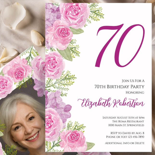 Rosa rosor Anpassad fotomall 70-årsdag Inbjudningar (Skapare uppladdad)