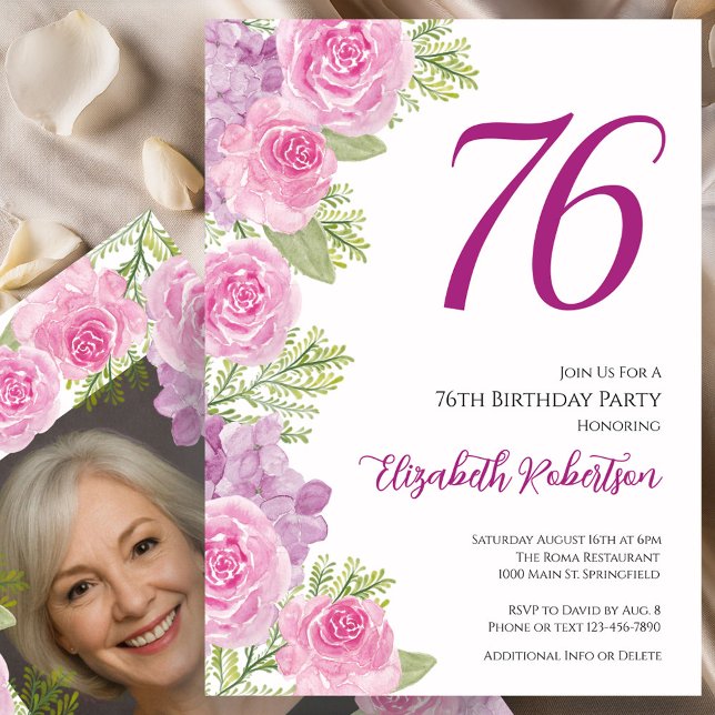 Rosa rosor Anpassad fotomall 76-årsdag Inbjudningar (Skapare uppladdad)