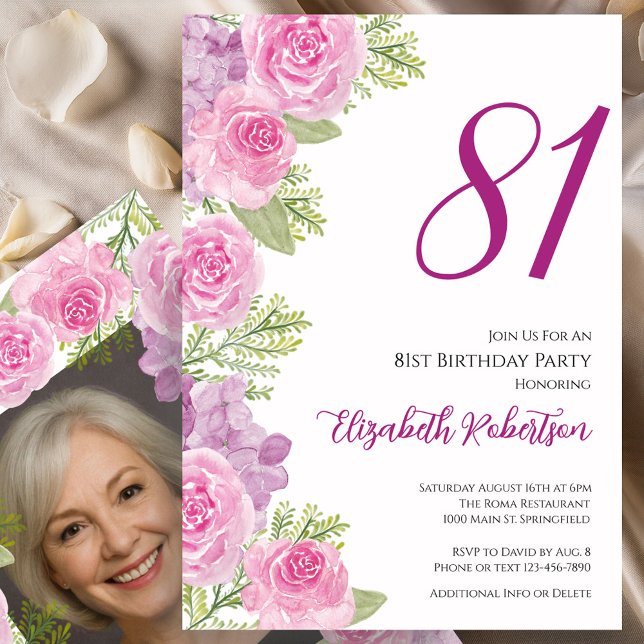 Rosa rosor anpassad fotomall 81-årsdag inbjudningar (Skapare uppladdad)