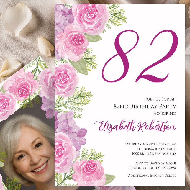 Rosa rosor anpassad fotomall 82-årsdag inbjudningar (Skapare uppladdad)
