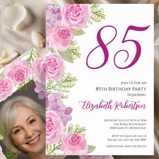 Rosa rosor anpassad fotomall 85-årsdag inbjudningar (Skapare uppladdad)