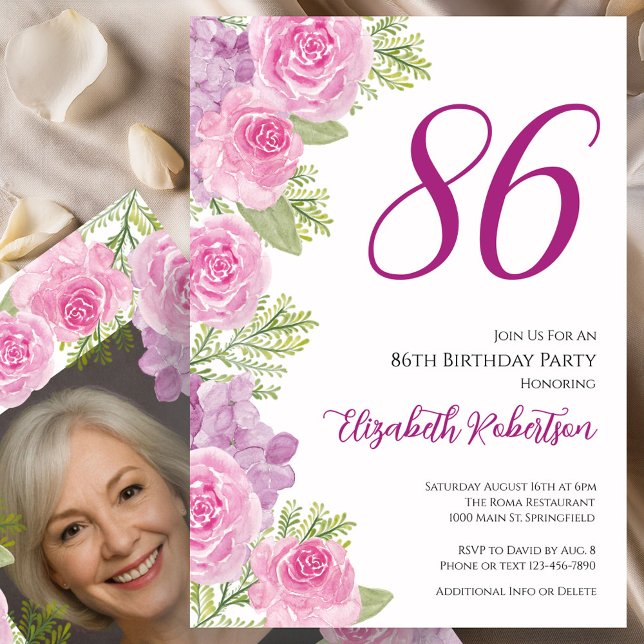 Rosa rosor Anpassad fotomall 86-årsdag Inbjudningar (Skapare uppladdad)