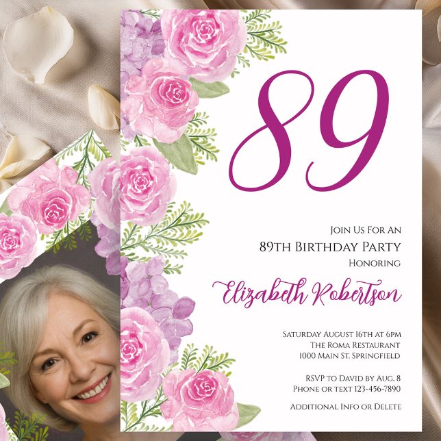 Rosa rosor anpassad fotomall 89-årsdag inbjudningar (Skapare uppladdad)