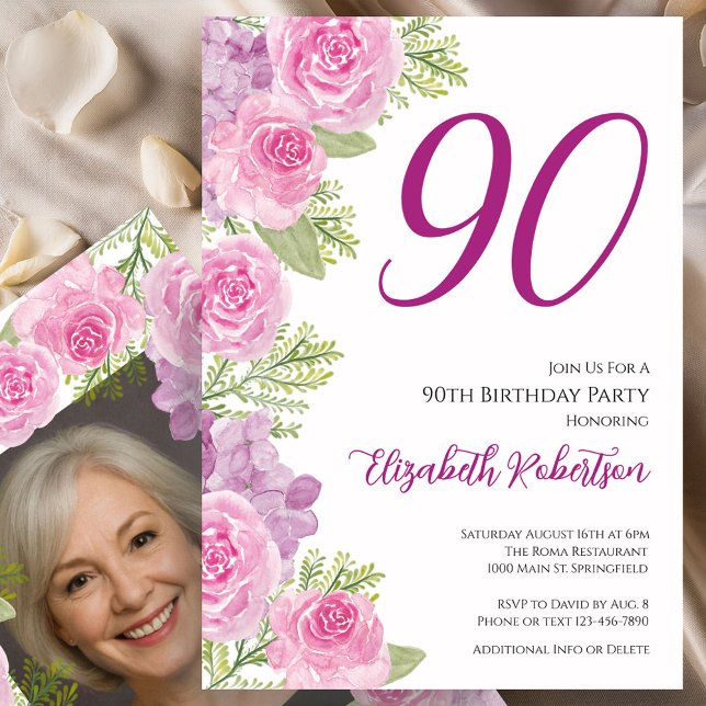 Rosa rosor Anpassad fotomall 90-årsdag Inbjudningar (Skapare uppladdad)