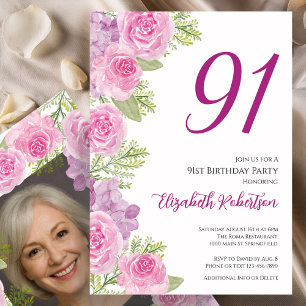 Rosa rosor Anpassad fotomall 91-årsdag Inbjudningar