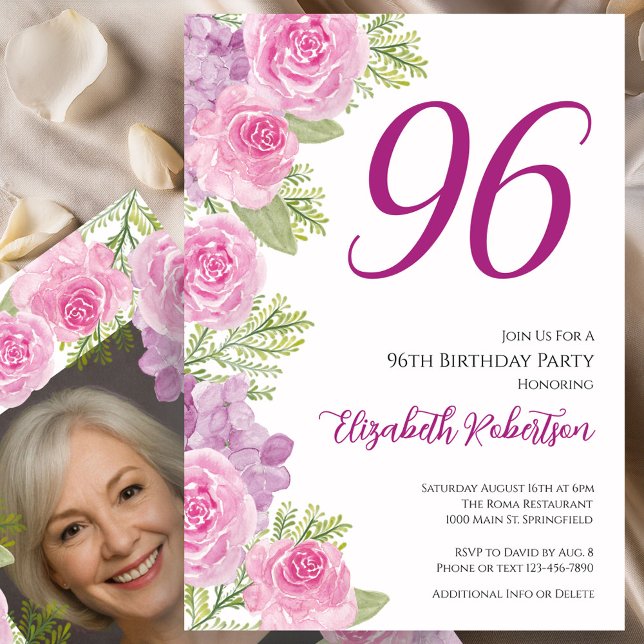 Rosa rosor anpassad fotomall 96-årsdag inbjudningar (Skapare uppladdad)