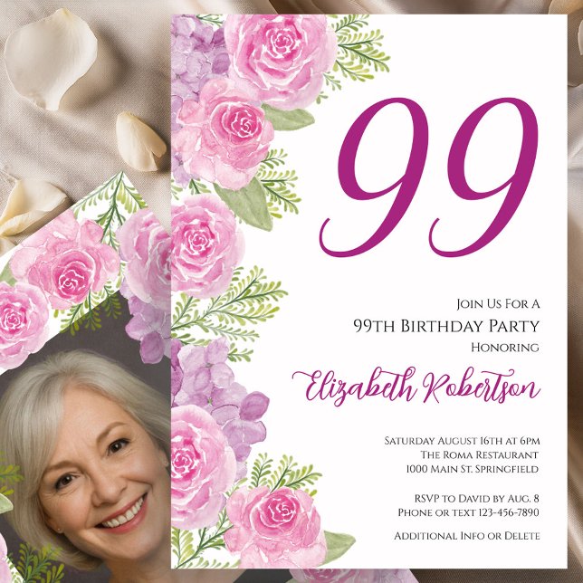 Rosa rosor anpassad fotomall 99-årsdag inbjudningar (Skapare uppladdad)