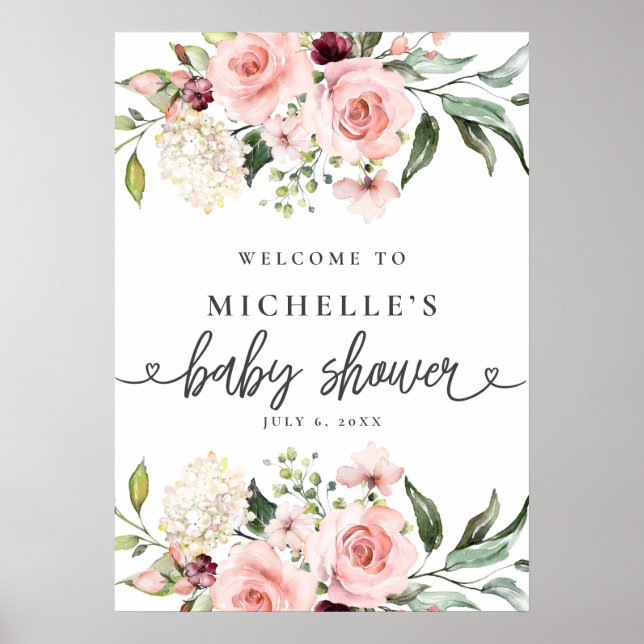 Rosa rosor baby shower välkomstskylt poster (Framsidan)