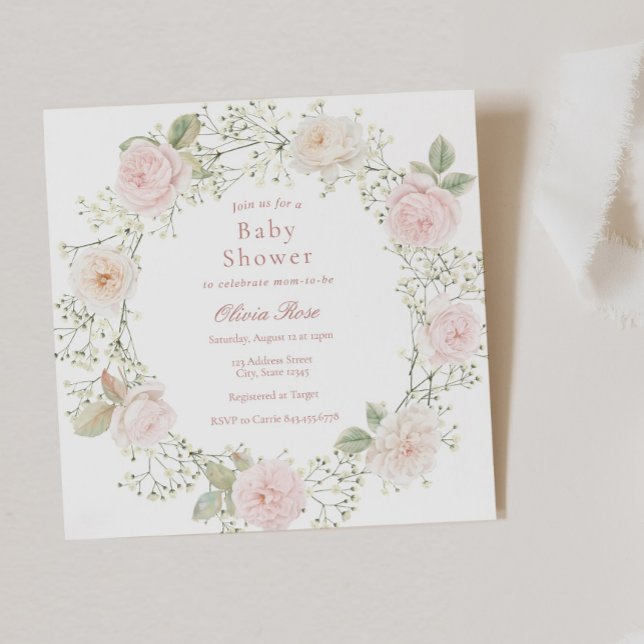 Rosa rosor Babys andedräkt Flickig bebisfest Inbjudningar (Skapare uppladdad)