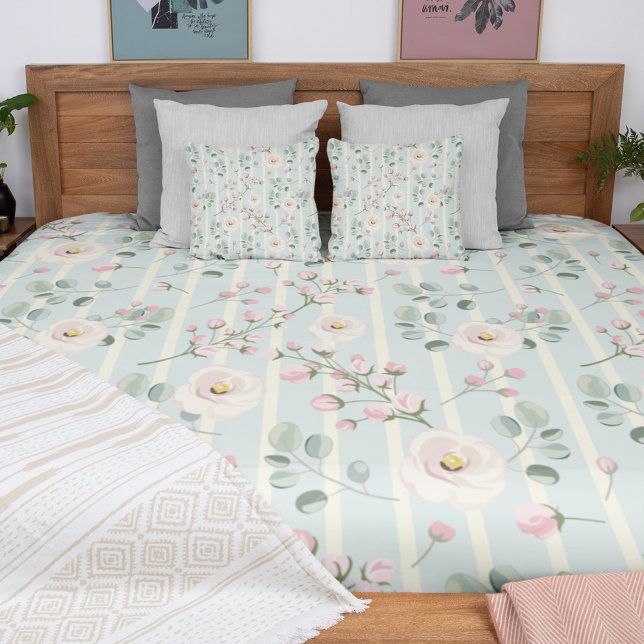 Rosa rosor blå vita ränder fleecefilt (Skapare uppladdad)