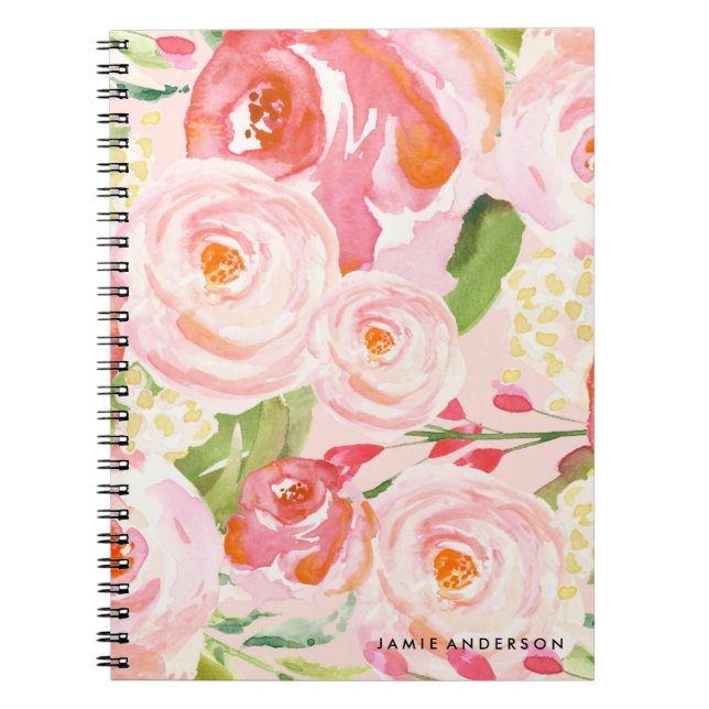 Rosa Rosor Blommig Anteckningsbok Med Spiral (Framsidan)