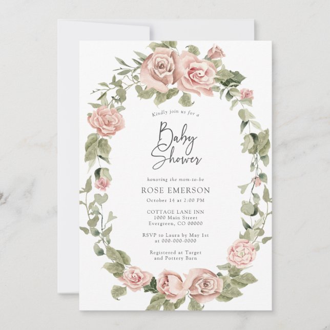 Rosa rosor Blommig baby shower Inbjudningar (Framsida)