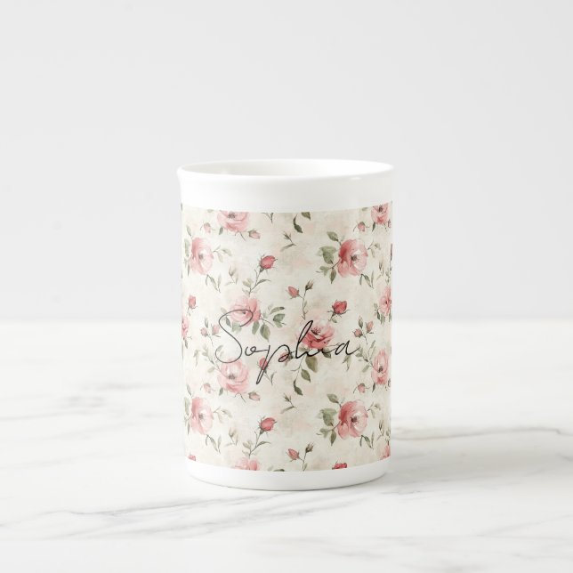 Rosa rosor Blommig  Benporslin Mugg (Framsidan)