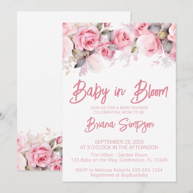 Rosa rosor Blommig flicka Baby Shower Inbjudningar (Fram/baksida)