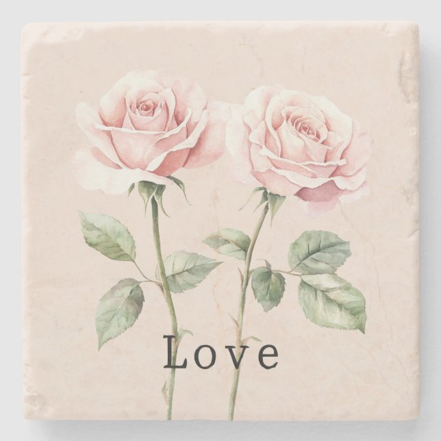 Rosa Rosor Blommig Kärlek Stenunderlägg (Framsidan)